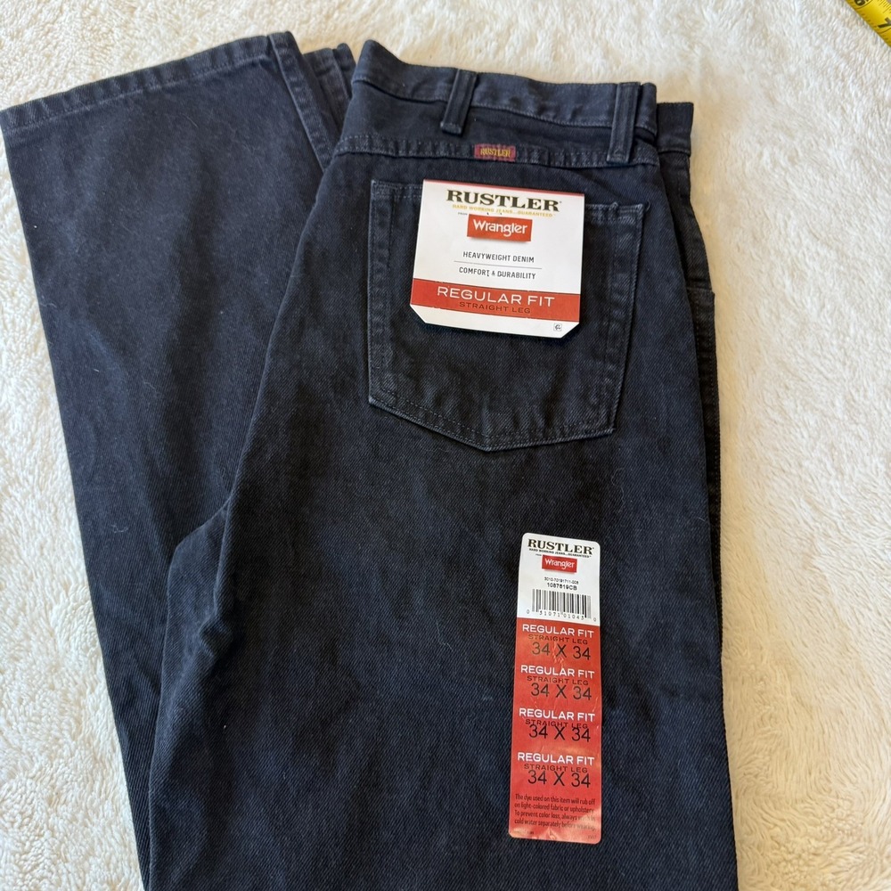 NWT Rustler Jeans Mens 34x34 Black Denim Straight Leg Wrangler Farm Ranch Work